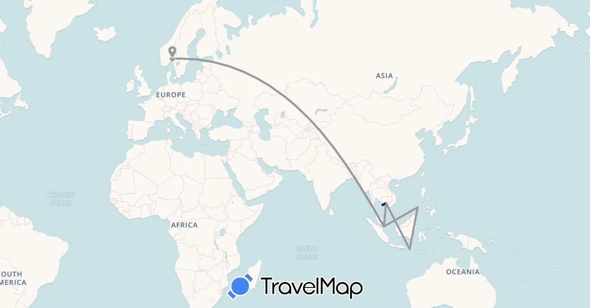 TravelMap itinerary: driving, plane in Indonesia, Cambodia, Norway, Philippines, Singapore (Asia, Europe)
